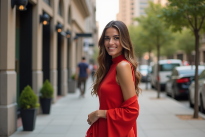 Femme élégante en robe rouge dans une rue urbaine animée