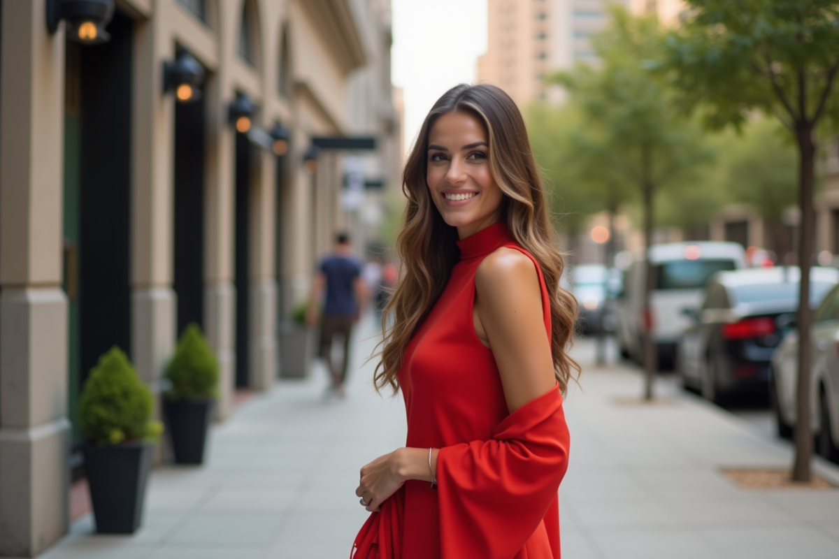 Femme élégante en robe rouge dans une rue urbaine animée