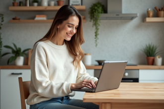 Femme assise utilisant une tablette dans une cuisine moderne