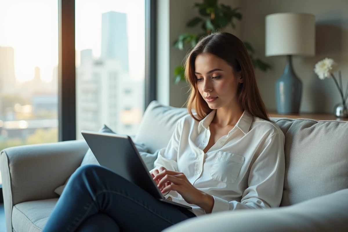 Jeune femme utilisant une tablette pour investir dans SCPI chez elle