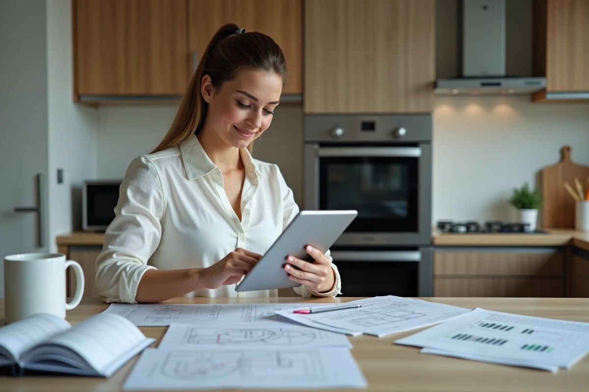 Jeune femme utilisant une tablette dans la cuisine
