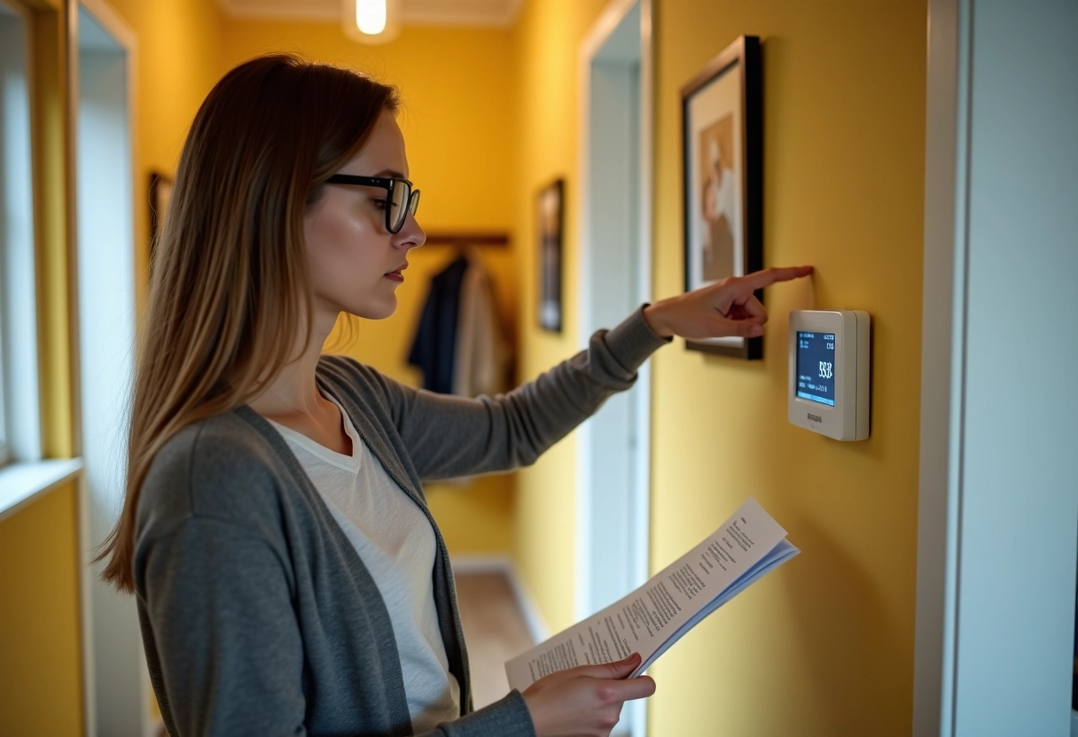 Jeune femme pointant un thermostat dans un couloir