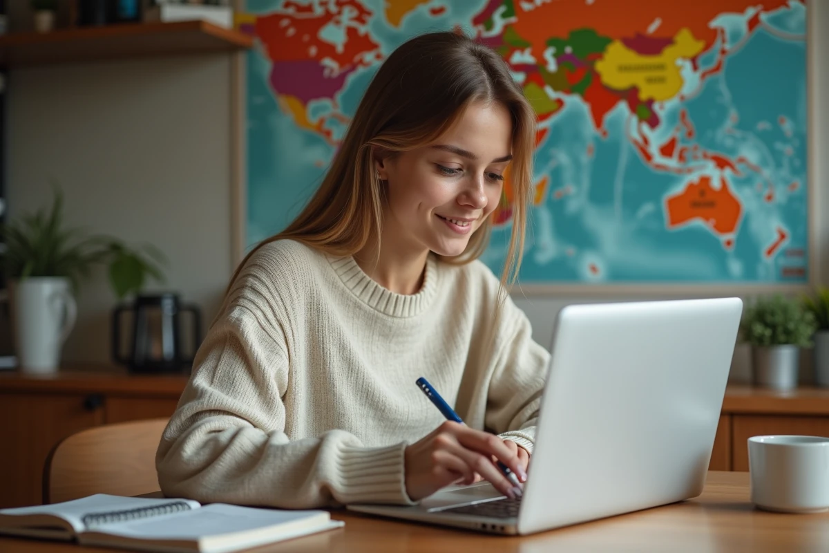 Jeune femme concentrée travaillant sur son ordinateur à la maison