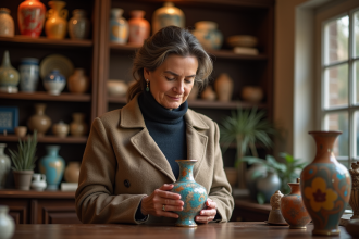 Femme examinant un vase en enamel Longwy dans une boutique d'antiquites
