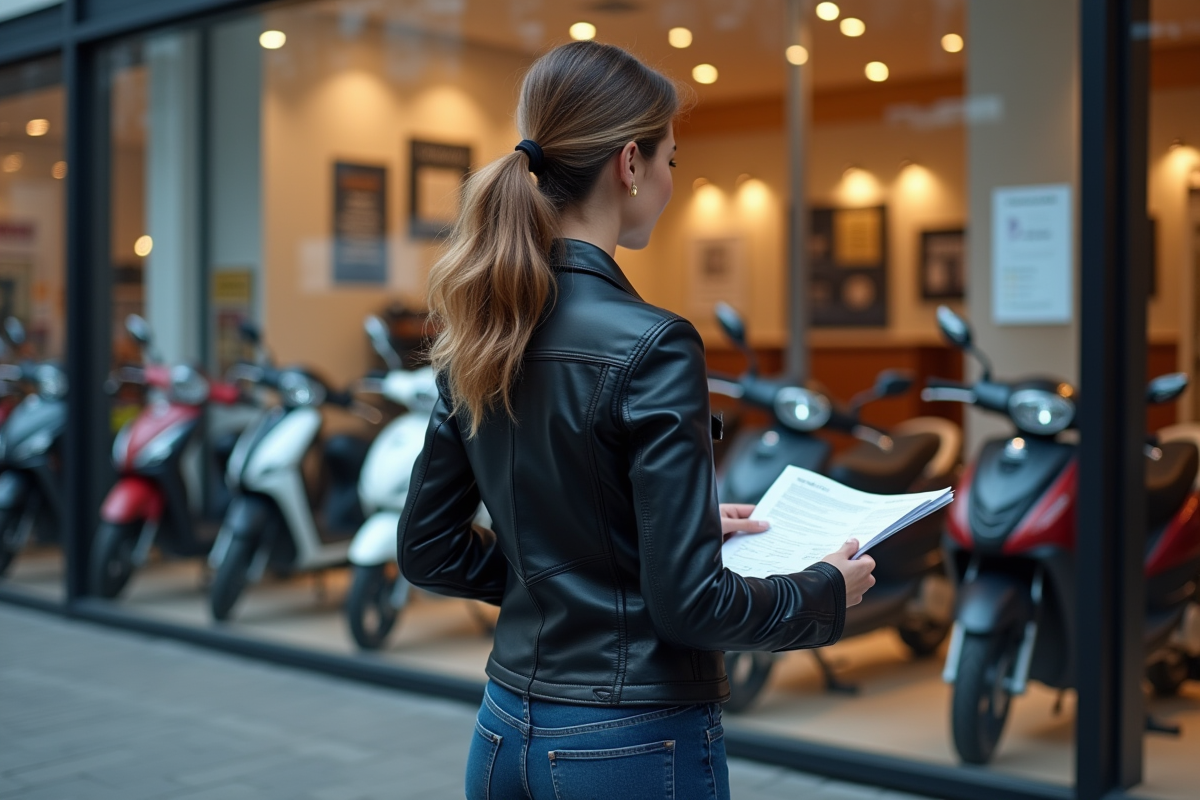 Femme examine prix motos dans un showroom moderne
