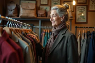 Femme vintage examinant des vêtements d'occasion dans une boutique chaleureuse