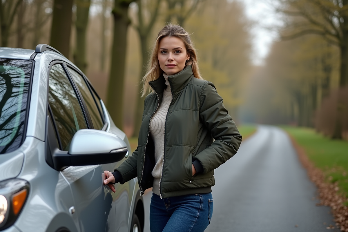 Femme fermant la porte d’un SUV en campagne