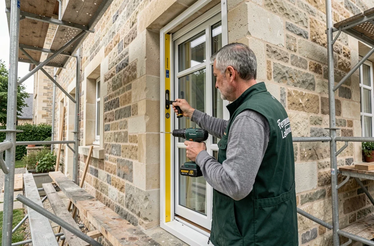 Artisan de Fermetures Lalonde installant un cadre de fenêtre uPVC sur une façade en pierre