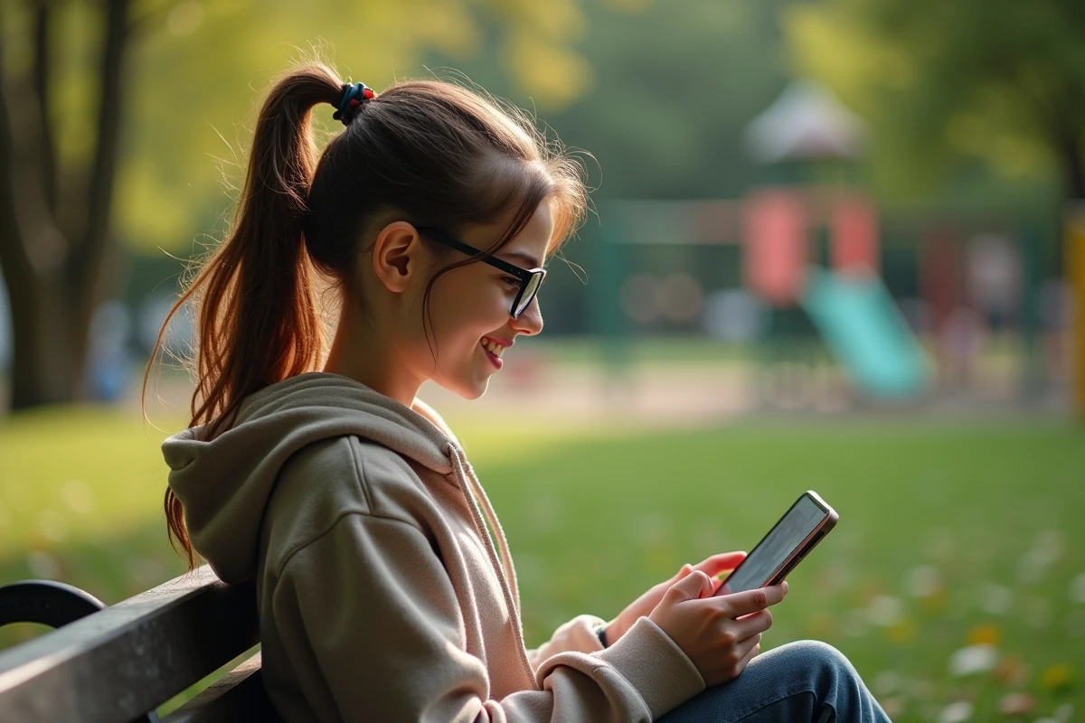 Adolescente souriante lisant un forum Dofus en plein air