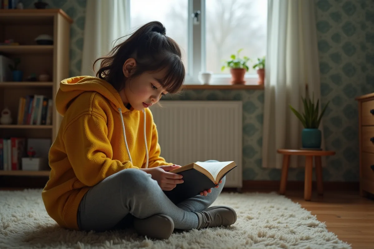 Fille lisant un livre dans un salon calme et chaleureux