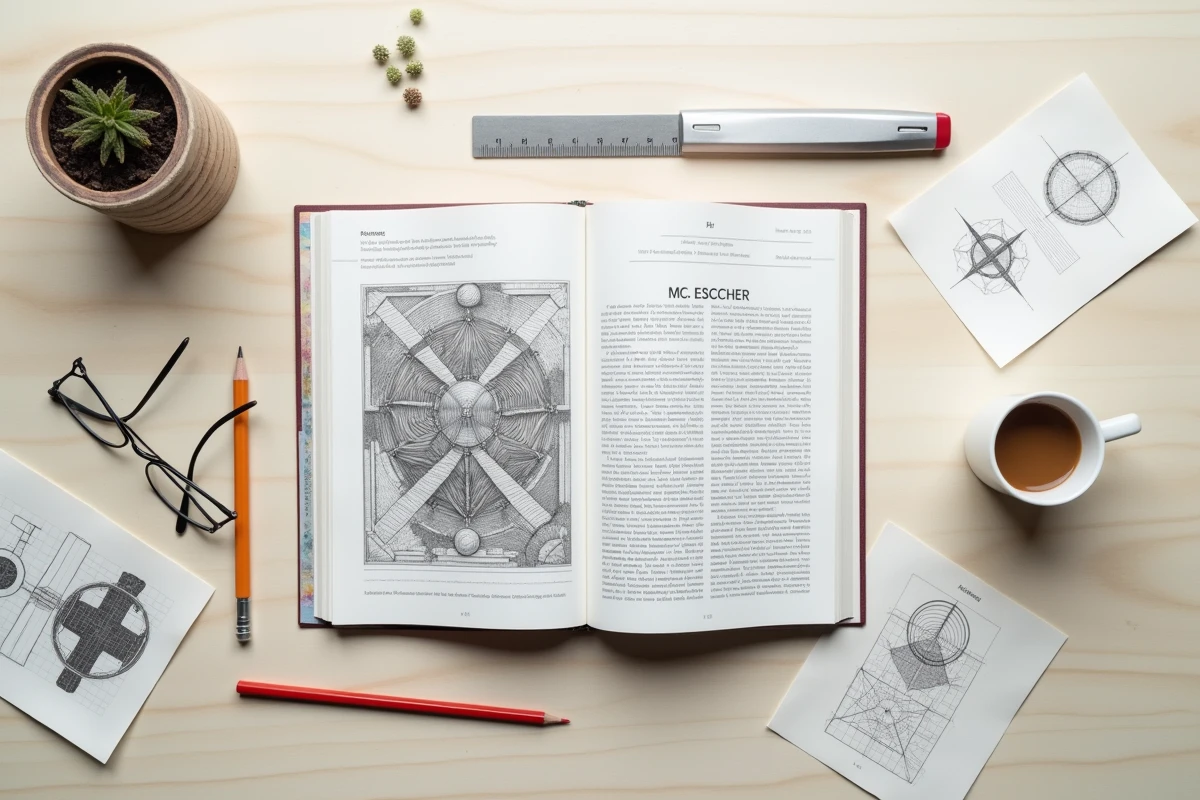 Vue aérienne d'un livre d'art sur Escher entouré de croquis géométriques et d'outils de dessin sur une table en bois