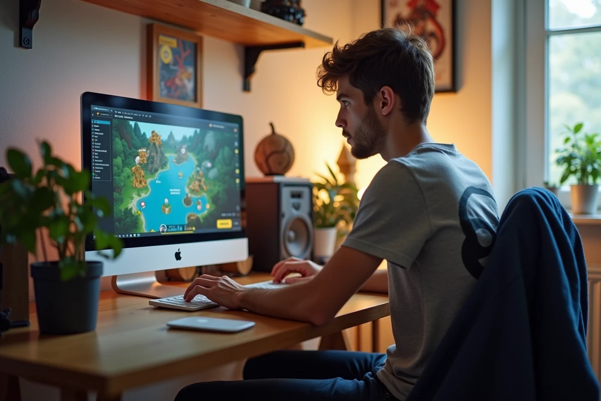 Jeune homme gamer concentré sur son ordinateur avec un guide Dofus