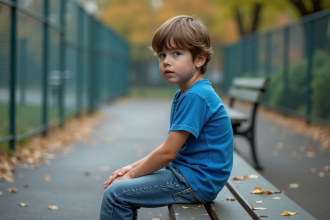 Jeune garçon pensif assis seul sur un banc d'école