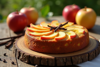 Gâteau à la vanille avec tranches de star apples sur une table en plein air