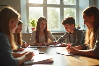 Collégiens en classe discutant d'aide scolaire et de soutien éducatif