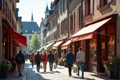 Boulanger jovial avec des baguettes dorées à Strasbourg le dimanche