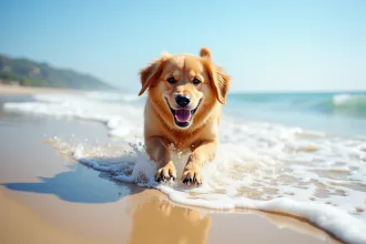 Chien heureux jouant sur la plage avec un maître attentif
