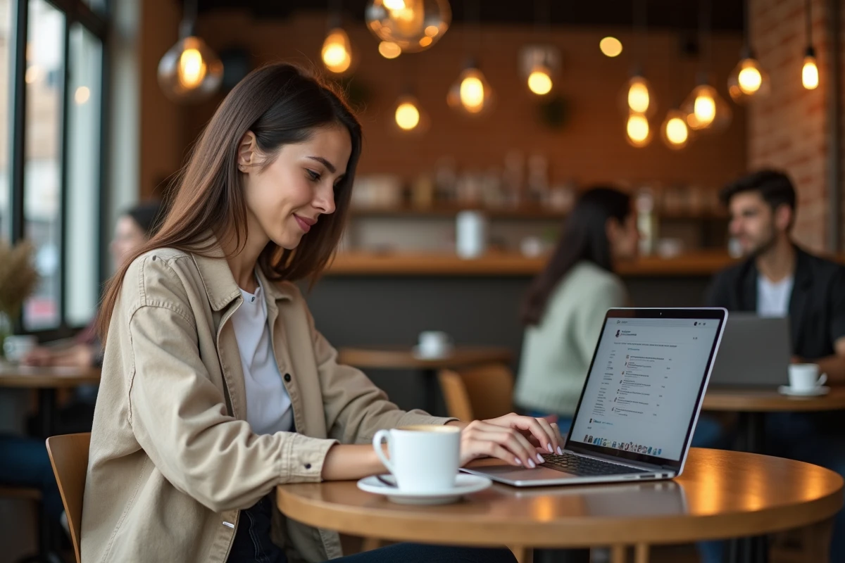 Jeune femme gérant la suppression de son compte Instanjmm dans un café urbain