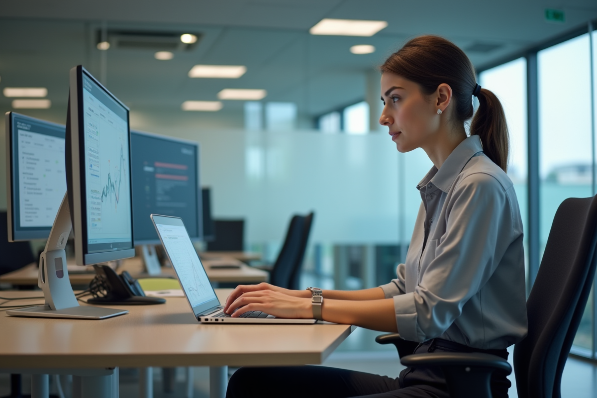 Gestionnaire SNCF en bureau avec écrans de réseau ferroviaire