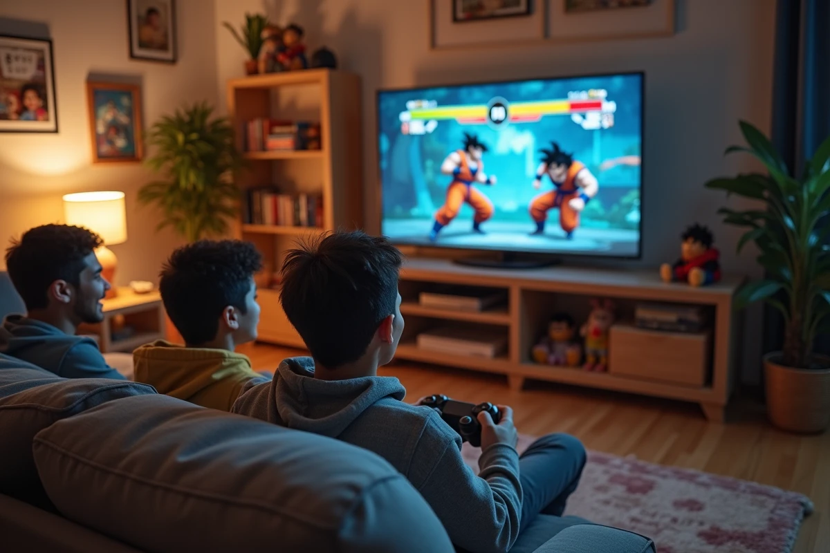 Groupe d adolescents jouant à un jeu vidéo avec Black Goku à l écran