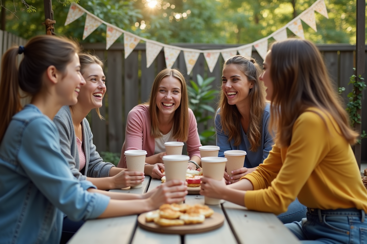 Groupe d'amis riant lors d'une fête dans le jardin