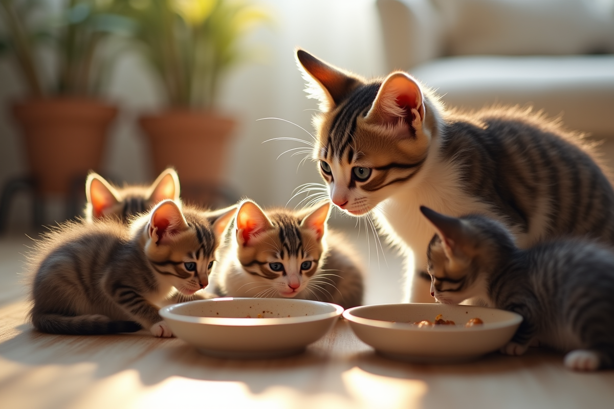 Chatons curieux autour de leur mère dans un salon lumineux