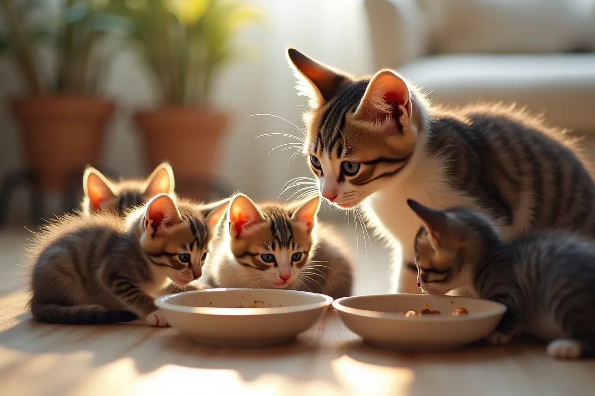 Chatons curieux autour de leur mère dans un salon lumineux