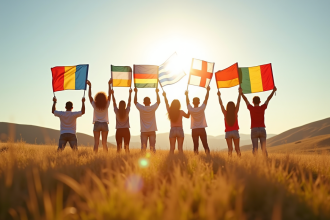 Groupe diversifié de personnes avec drapeaux du monde entier