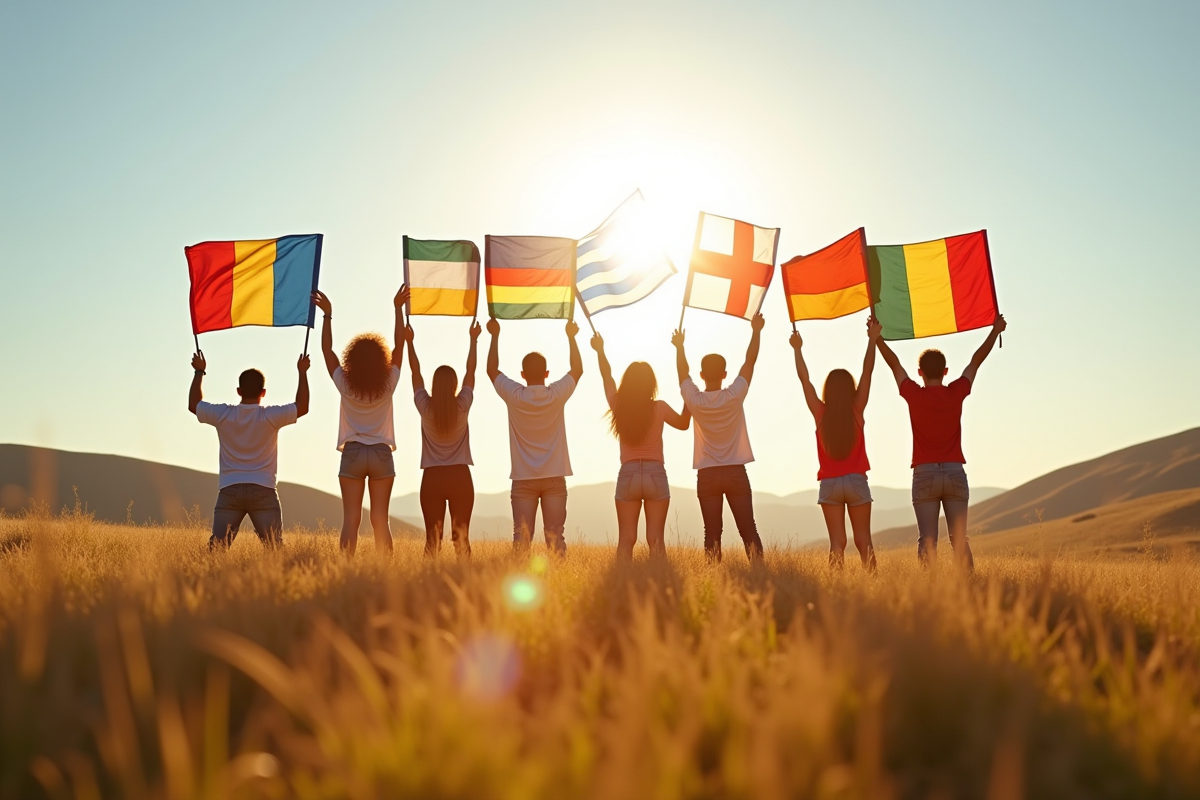 Groupe diversifié de personnes avec drapeaux du monde entier