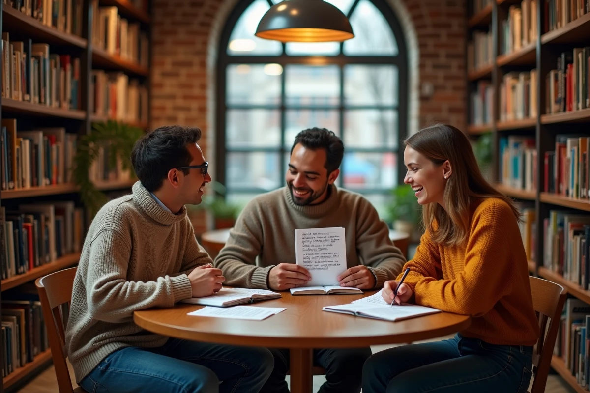 Groupe d'adultes étudiant l'expression française au sein d'une bibliothèque chaleureuse