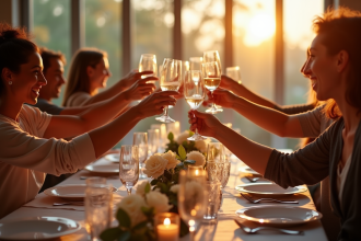 Groupe de famille et amis faisant un toast autour d'une table élégante