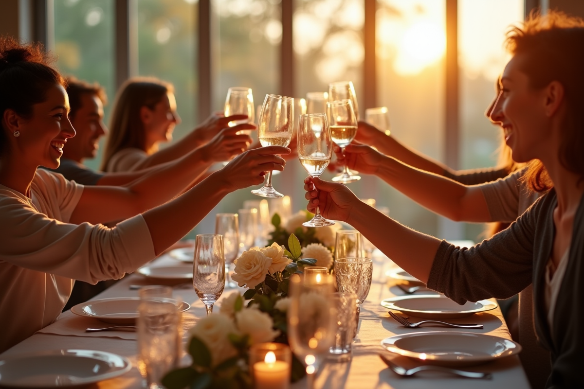 Groupe de famille et amis faisant un toast autour d'une table élégante
