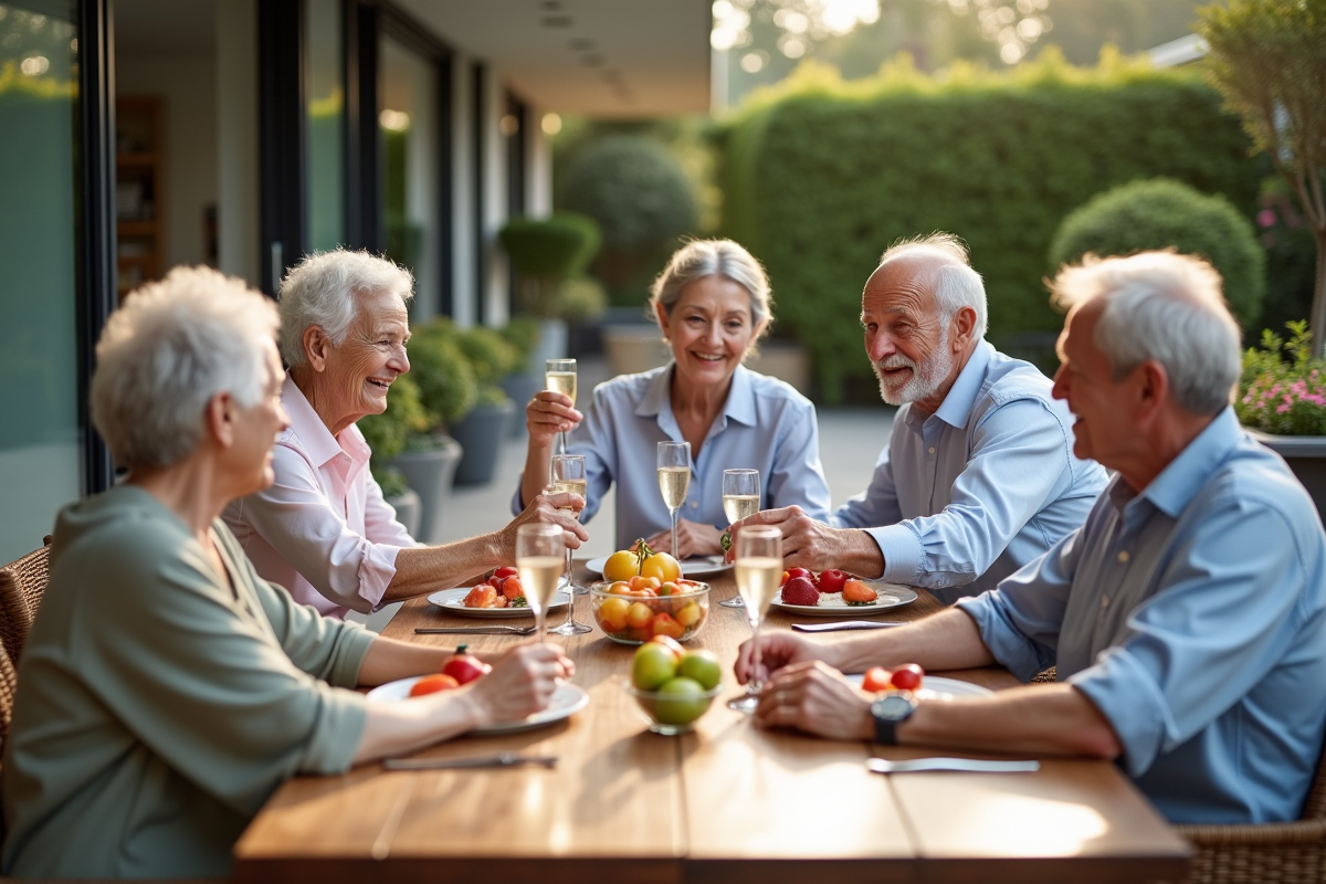 Groupe de seniors partageant un repas en terrasse