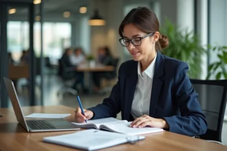 Femme professionnelle consultant un guide de grammaire française au sein d'un bureau moderne