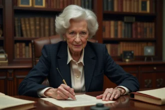 Portrait d'une femme âgée élégante dans un bureau parisien entouré de livres, évoquant le patrimoine intellectuel et académique d'une historienne renommée