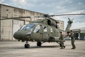 Hélicoptère militaire français Caracal H225M en inspection sur le tarmac d'une base aérienne