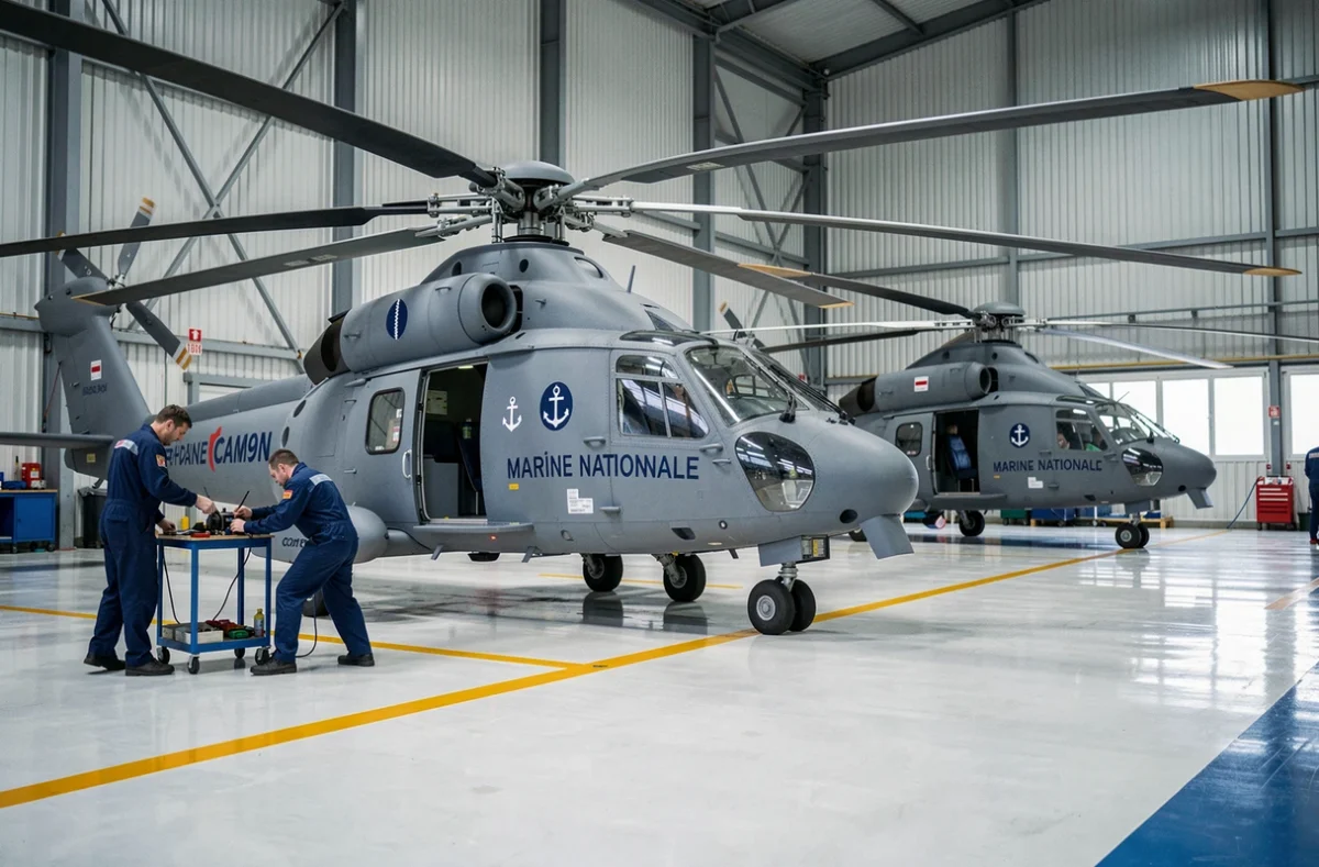 Hélicoptères NH90 Caïman Marine de la Marine Nationale alignés dans un hangar militaire avec équipe de maintenance