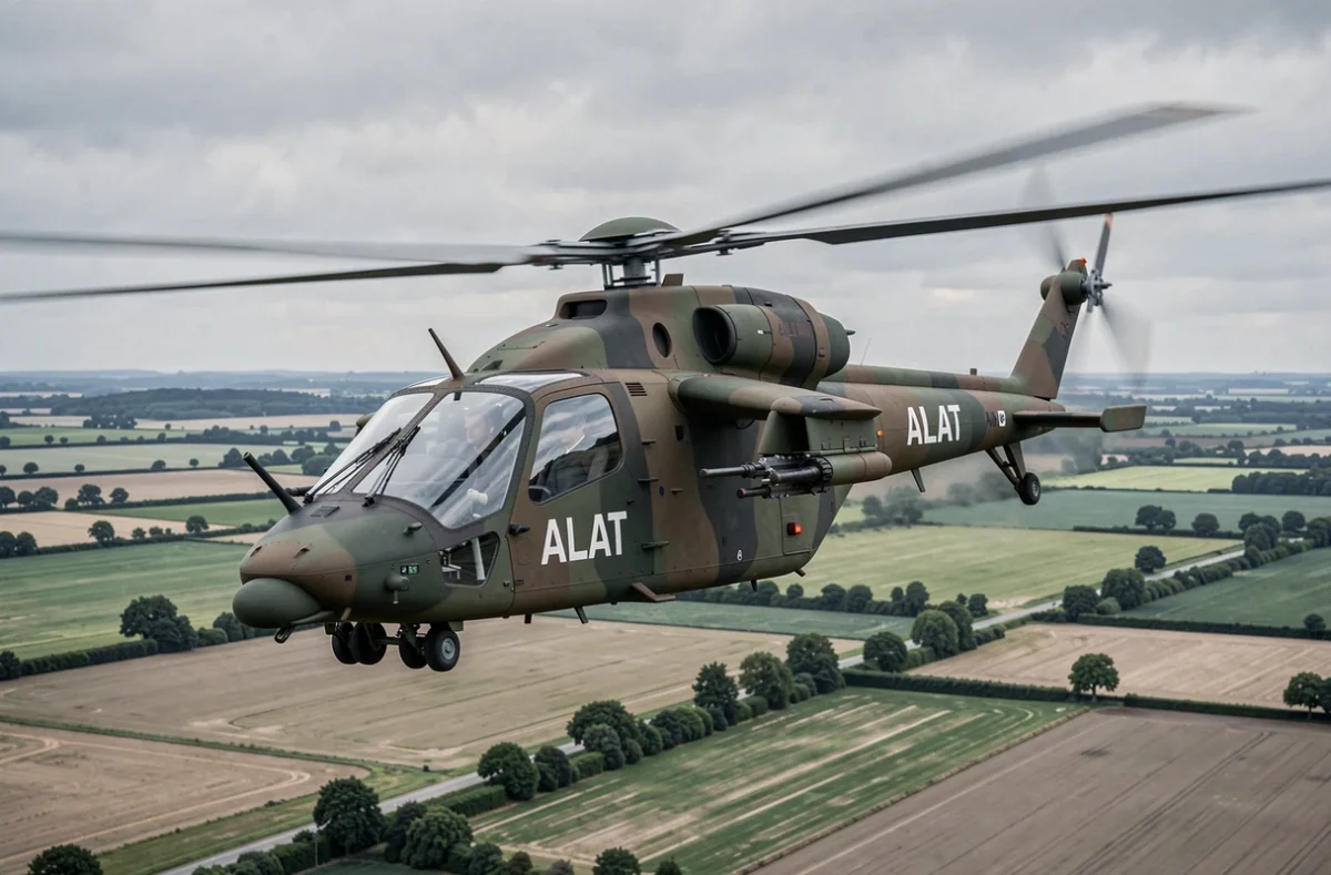 Hélicoptère d'attaque Tiger HAD de l'armée de Terre française en vol à basse altitude au-dessus des champs