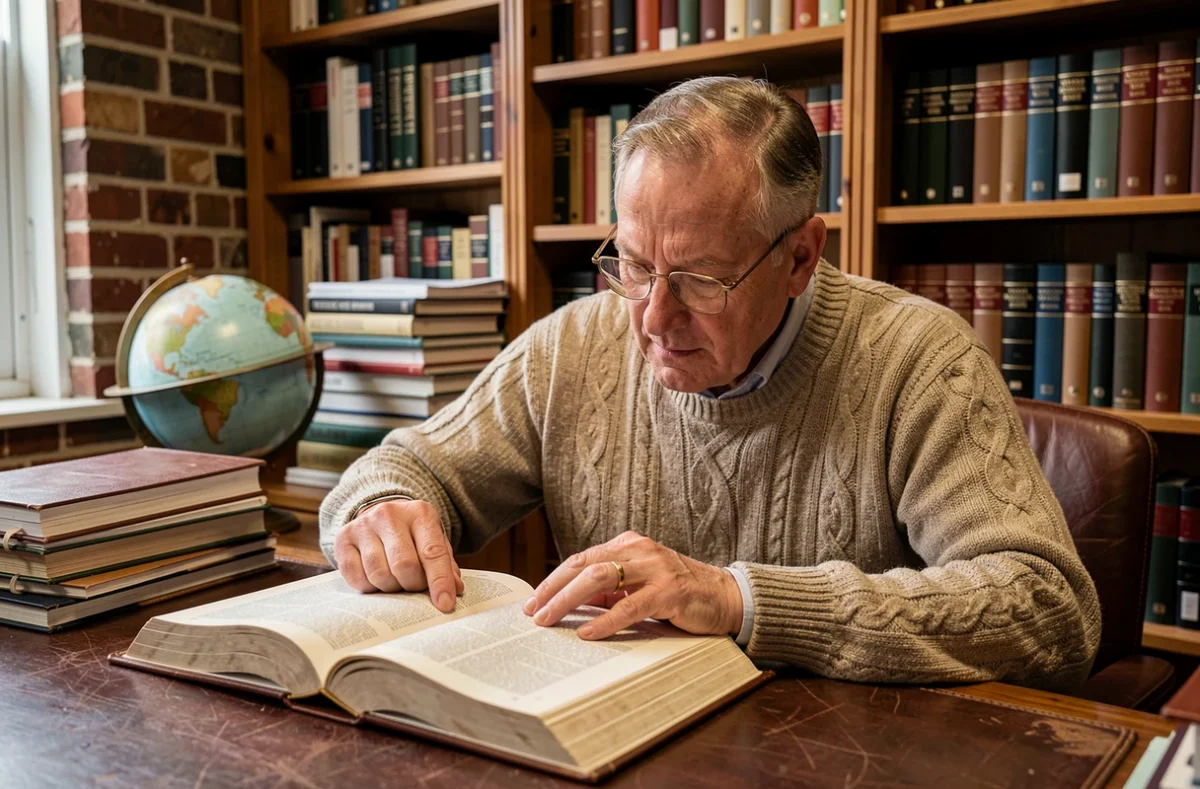 Historien d'âge mûr en pull torsadé consultant un dictionnaire étymologique dans un bureau universitaire pour retracer l'origine d'un prénom rare