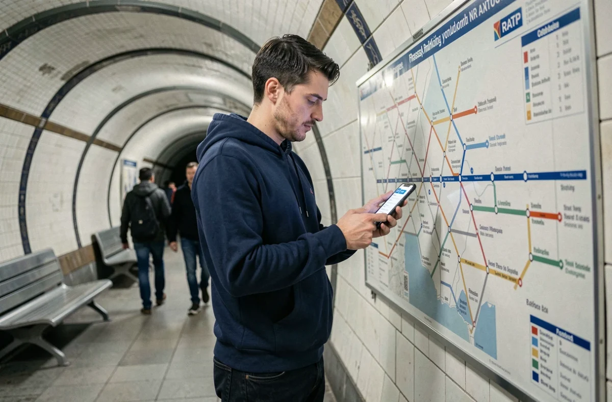 Homme utilisant l'application RATP sur smartphone pour suivre le trafic du métro parisien
