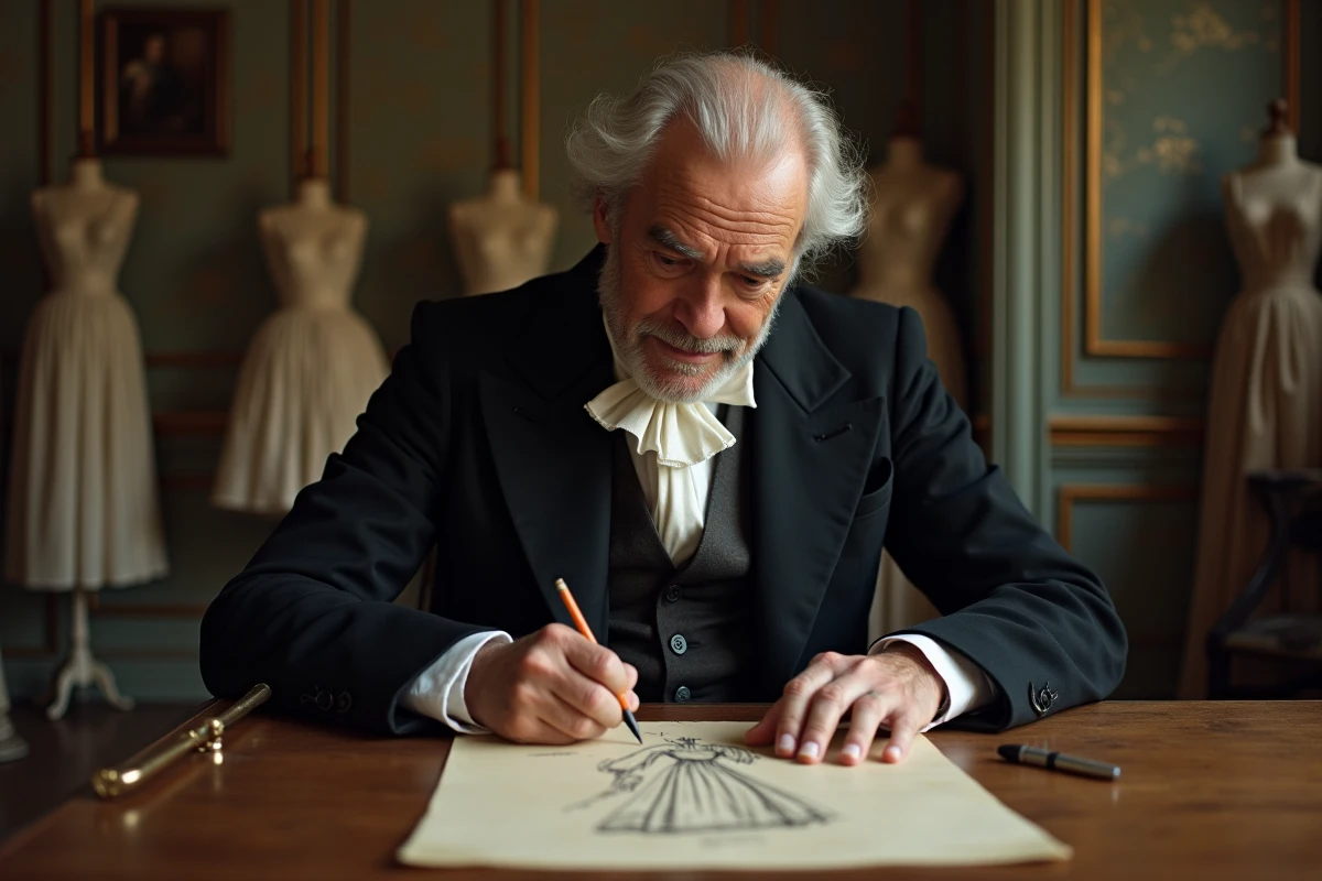 Homme âgé dessinant un modèle de robe dans un atelier parisien