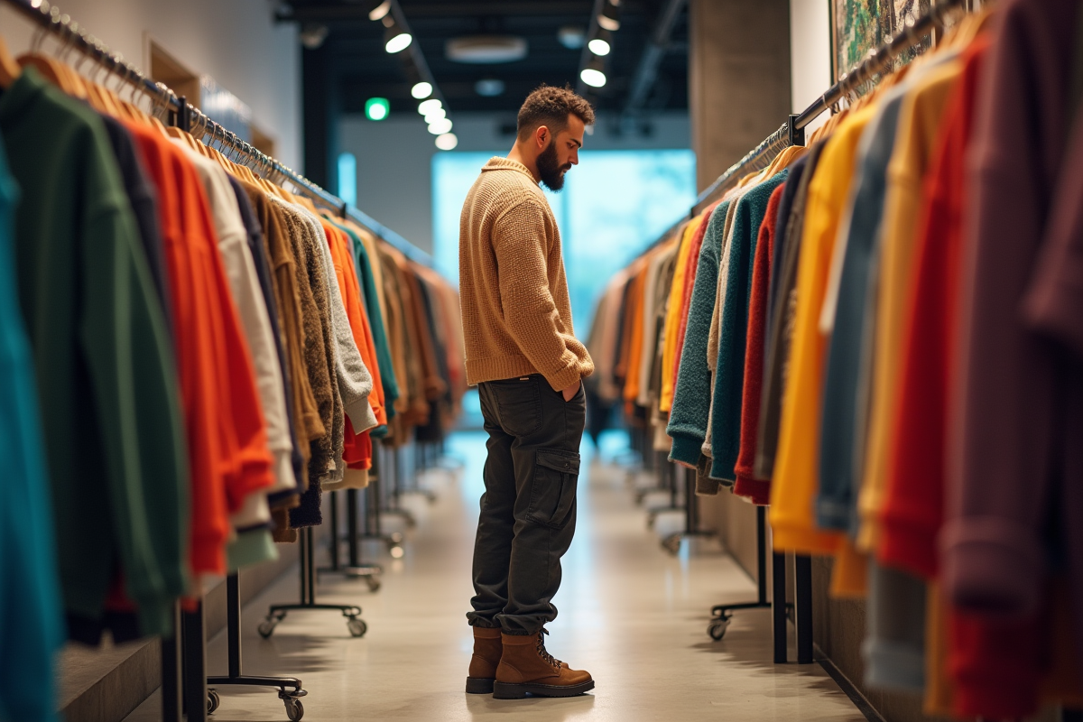 Jeune homme dans une boutique de mode avec vêtements colorés