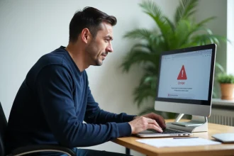 Homme d'âge moyen regardant un ordinateur avec erreur