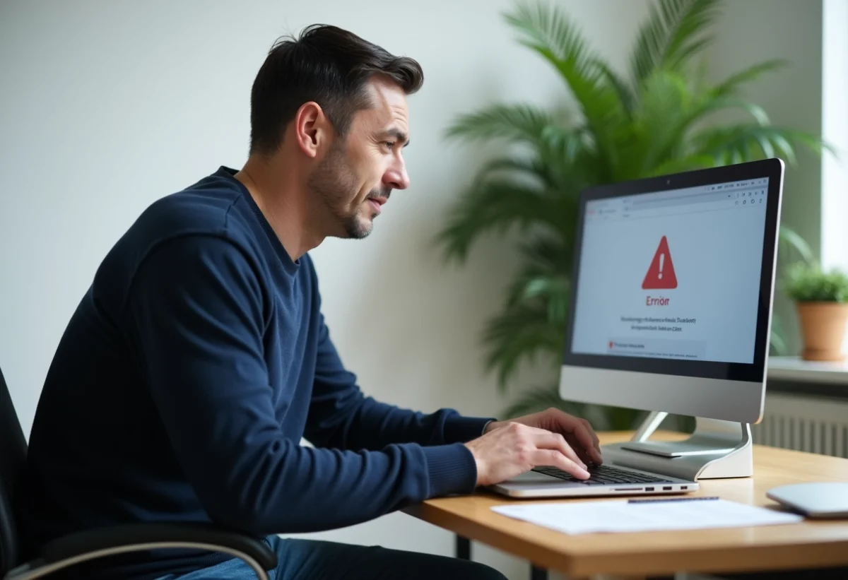Homme d'âge moyen regardant un ordinateur avec erreur