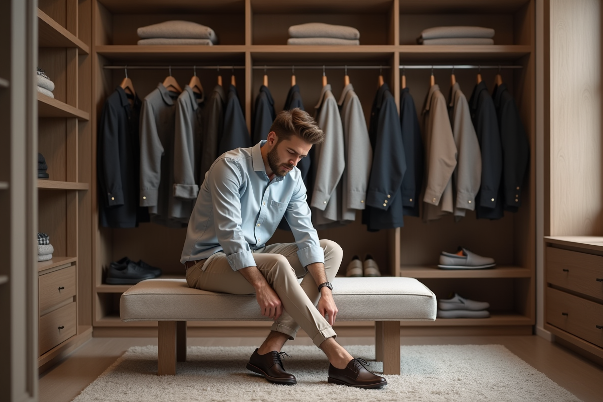 Jeune homme attachant ses chaussures dans un dressing bien rangé