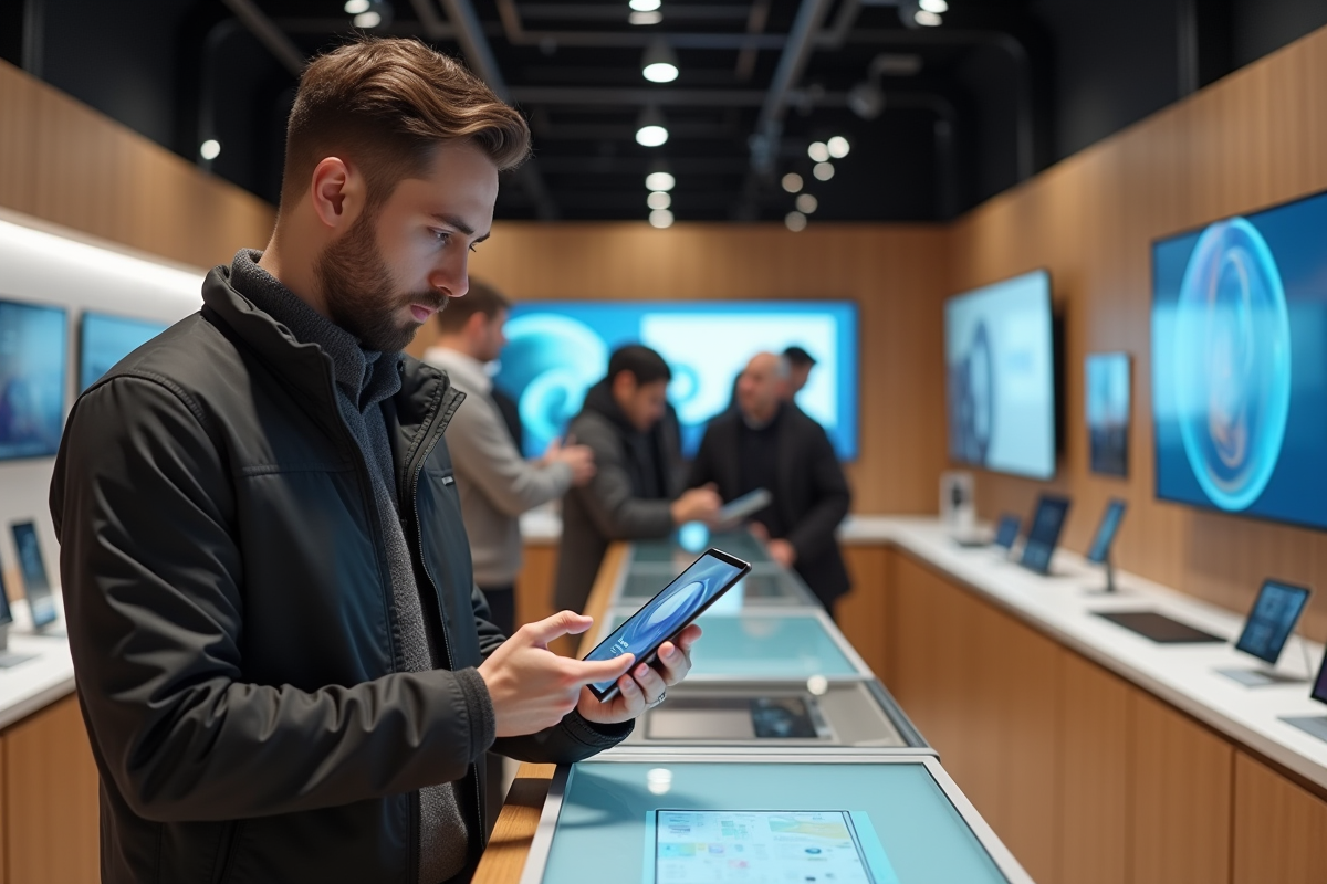 Jeune homme comparant deux tablettes dans un magasin d