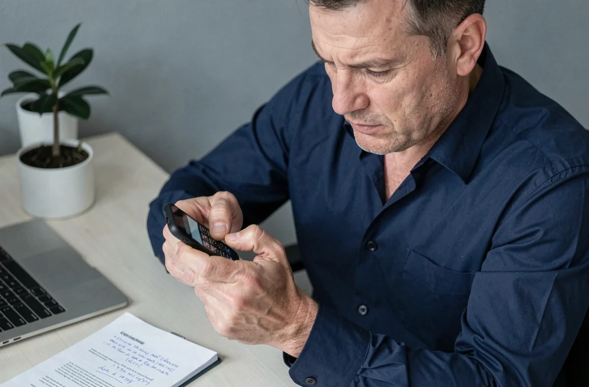 Homme composant un numéro de téléphone international sur son smartphone depuis un bureau à domicile
