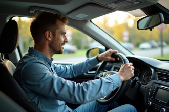 Homme d'âge moyen conduisant une voiture moderne en ville