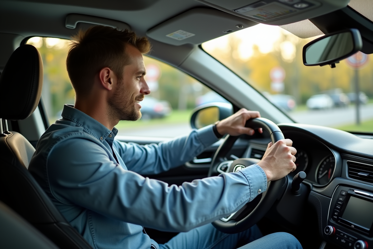 Homme d'âge moyen conduisant une voiture moderne en ville