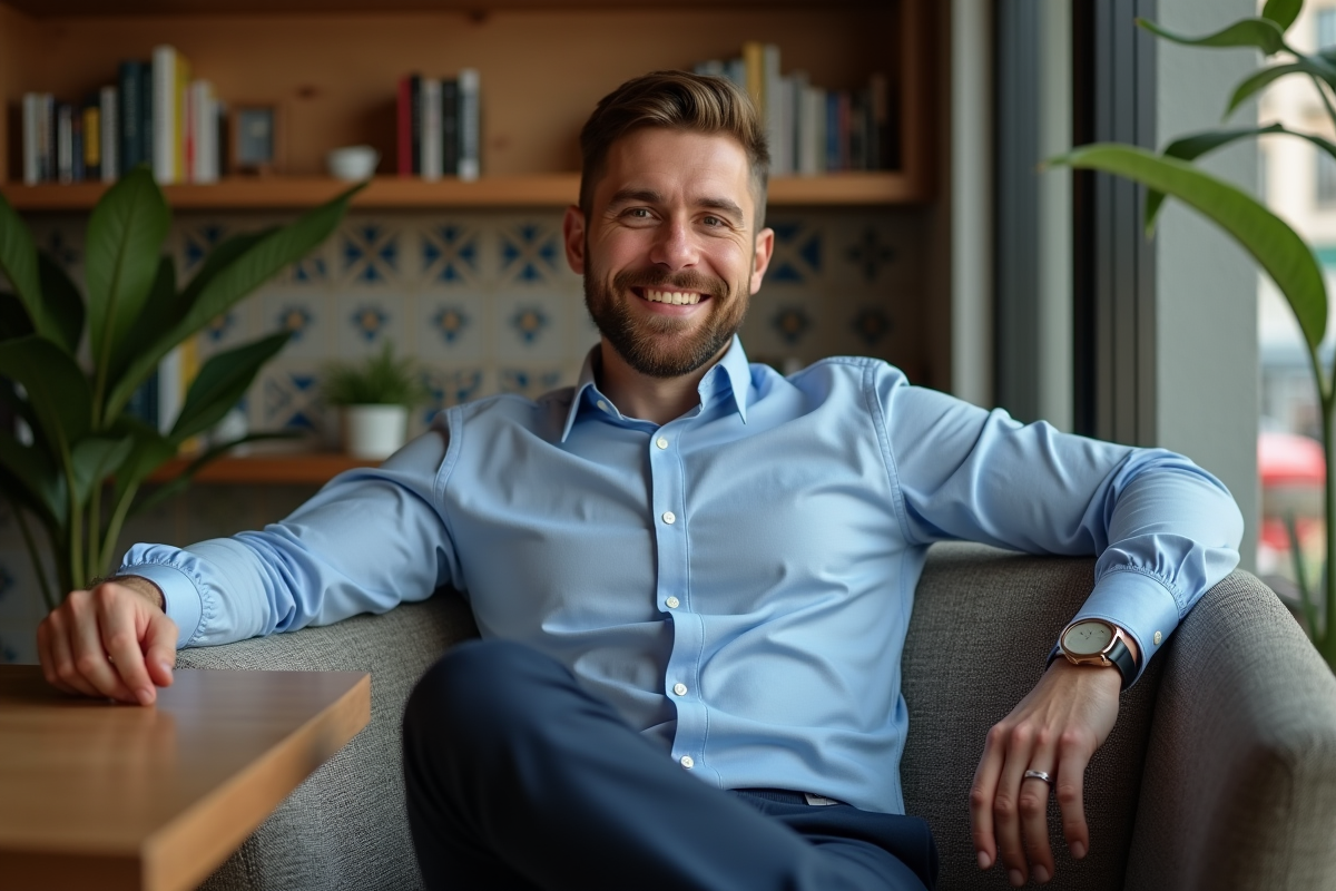 Homme confiant dans un café cosy avec plantes et livres